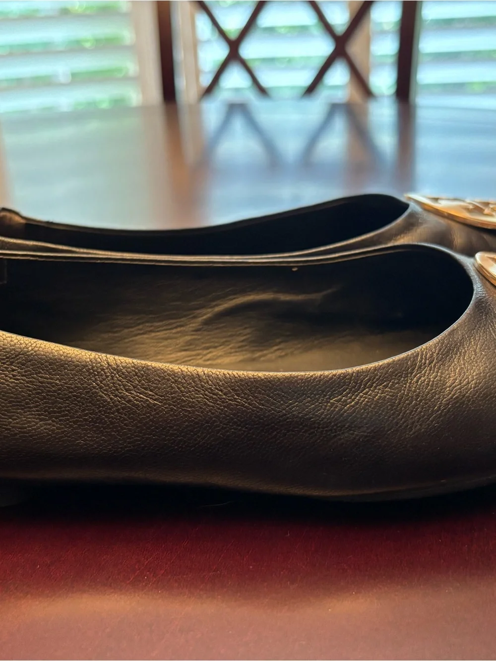 Tory Burch Black Leather Ballet Flats with Gold Logo Medallions